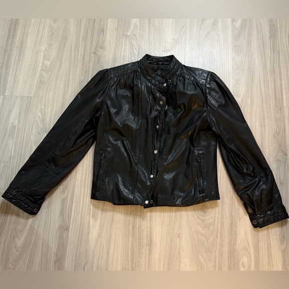 Rare Vintage Bonjour 80s Black Leather Moto Jacket Coat Cropped Sz 5/6 - Picture 1 of 4
